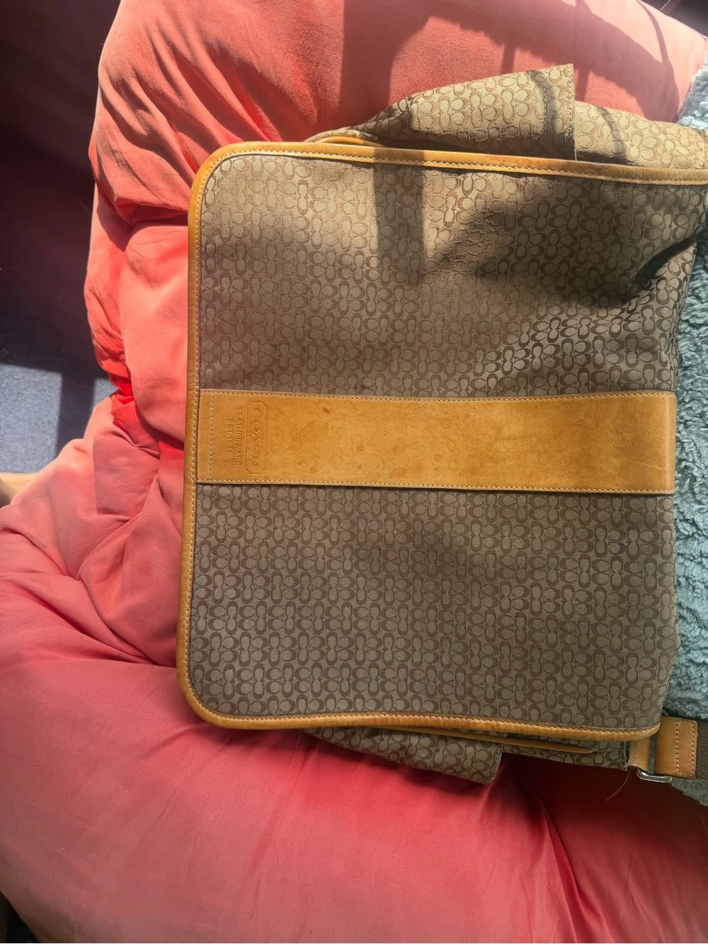 Coach Brown Signature Canvas Messenger with Tan Leather Stripe